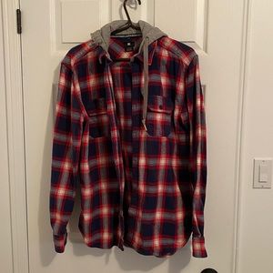 DC plaid hooded button up sweater/shirt